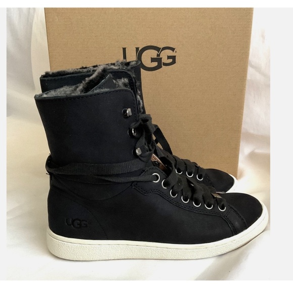 FINAL SALE πUGG Starlyn Leather Sneakers Black Shearling Lined NEW * - Picture 4 of 16